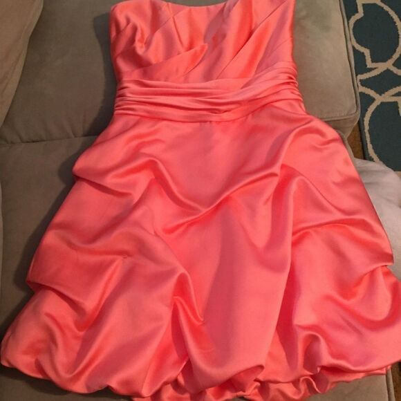 Stunning Coral Strapless Ruffled Puffy Dress by David's Bridal - Picture 3 of 5